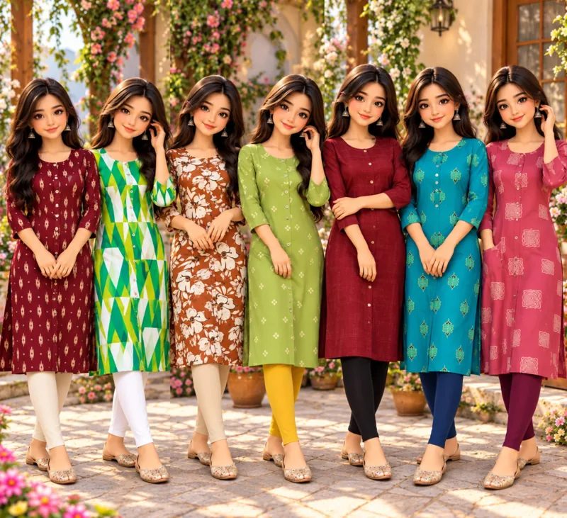 Models wearing printed kurtis